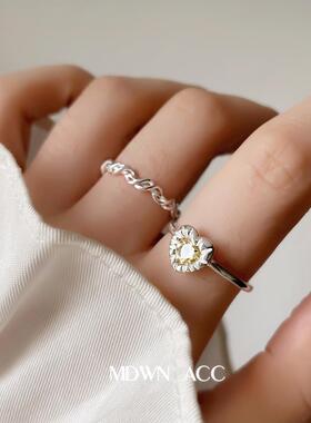 甜酷黄色爱心戒指女韩版线条缠绕麻花可叠戴开口指环气质食指戒潮