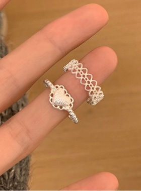 甜美蕾丝爱心戒指女镂空花边精致百搭S925镀银开口指环网红食指戒