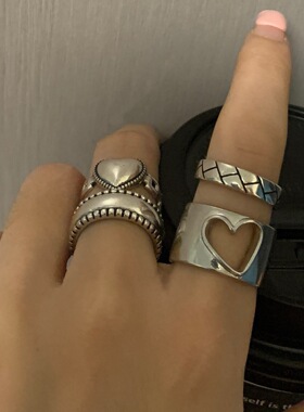 复古镂空爱心戒指女简约时尚个性嘻哈S925镀银开口指环小众食指戒