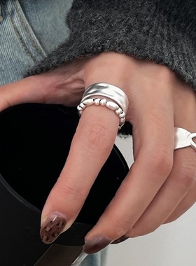 精致双层串珠戒指女几何宽边不规则镂空S925镀银开口指环食指戒潮