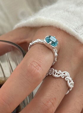 鸢尾花朵戒指女镂空藤蔓精致百搭叠戴蓝色开口指环ins风食指戒潮