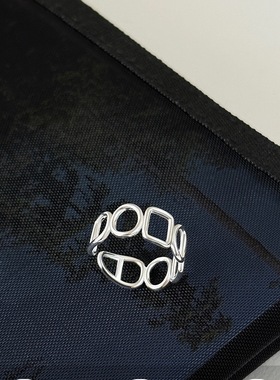 几何镂空方形戒指女简约冷淡风百搭叠戴S925银开口指环小众食指戒