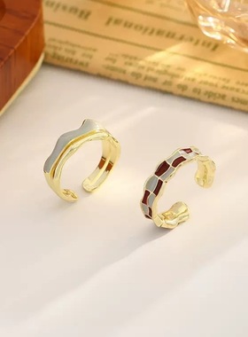 简约双层棋盘格戒指女时尚气质网格S925镀银开口指环甜酷食指戒潮