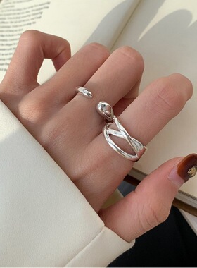 简约线条交叉戒指女个性时尚创意水滴S925银开口指环小众食指戒潮