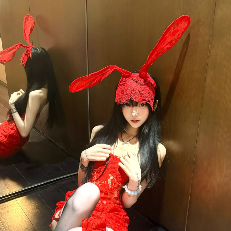 红色蕾丝兔耳朵发箍面纱遮脸性感头箍女高级感洋气时尚兔女郎头饰,淘宝优惠券,粉丝福利购,淘宝优惠卷