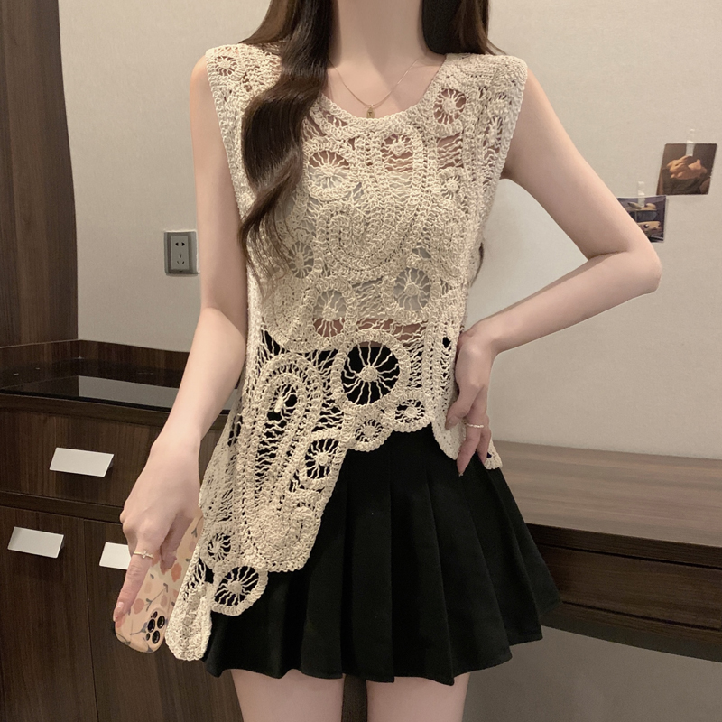 设计感镂空纯色钩花叠穿小背心女装夏法式吊带小个子无袖马甲上衣 - 图2