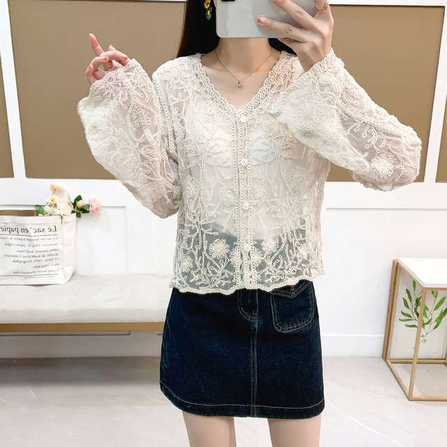 ເສື້ອຢືດ lace hollow mesh ວ່າງບາງໆ shawl jacket