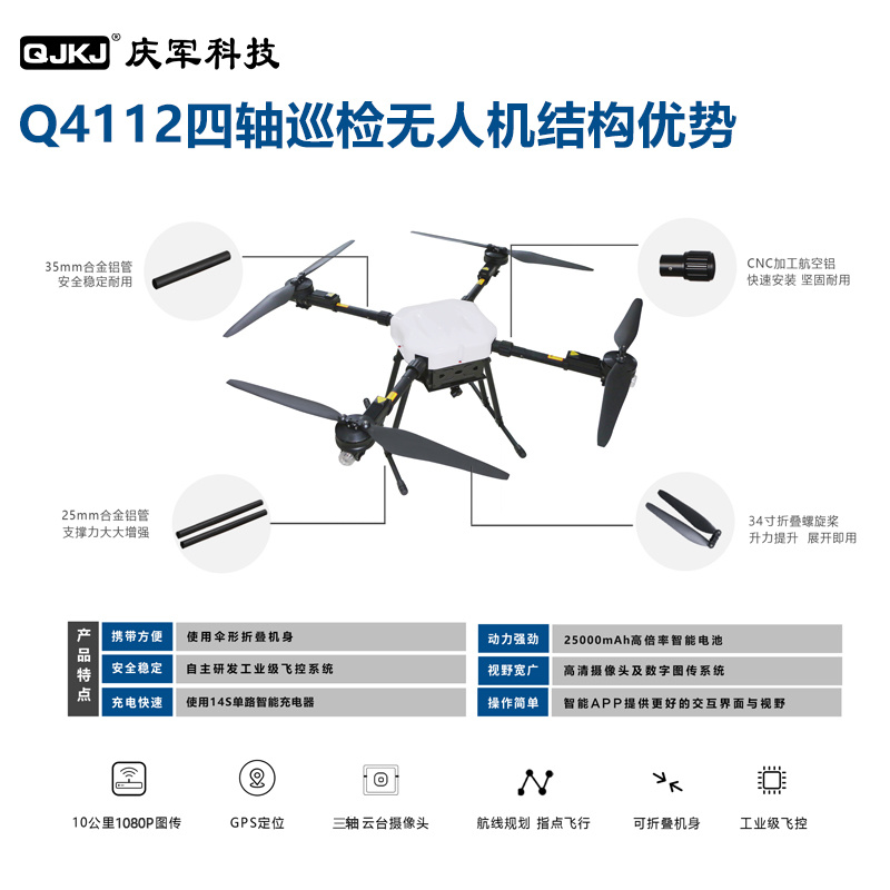 庆军科技大四轴多旋翼长航时侦察巡检救援喊话无人机可定制Q4112X - 图1