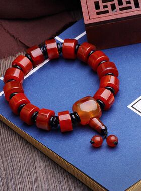 天然保山南红玛瑙手链纯手工中国风男士手饰三通佛头手串珠宝佛珠