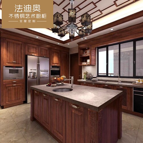 法迪奥全不锈钢橱柜定制整体石英石台面厨柜美式欧式厨房岛台装修 - 图2
