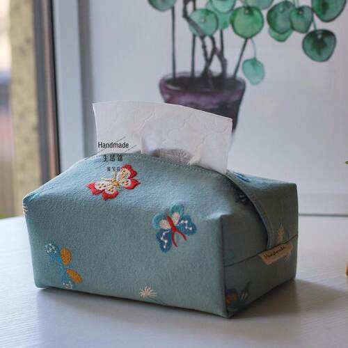 Handmade原创刺绣蝴蝶布艺纸巾套车载抽纸盒桌面餐厅客厅家用商用 - 图2