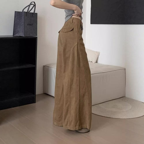 美式复古褶皱黄金叶阔腿牛仔裤女秋冬新款高腰宽松显瘦拖地长裤子 - 图1