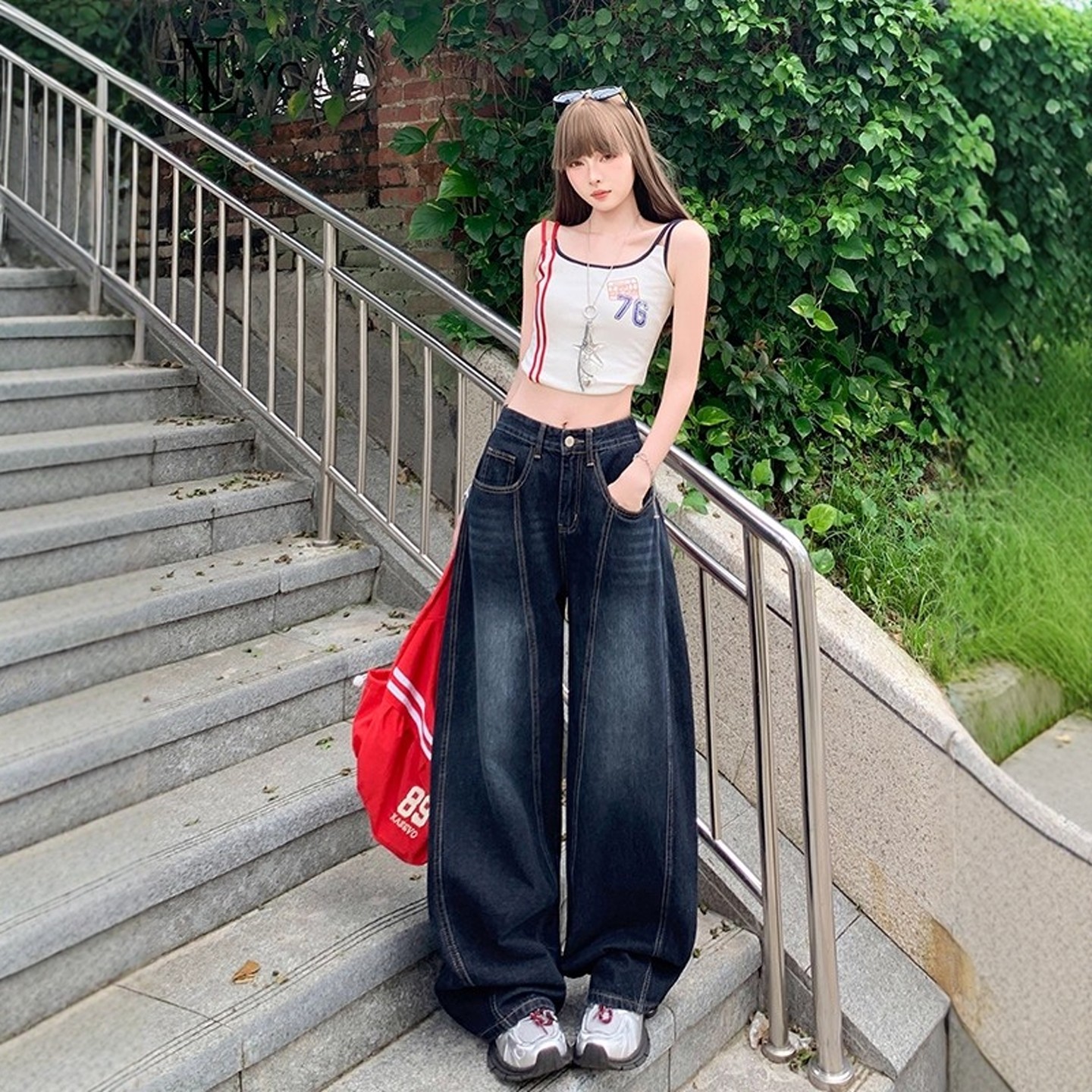 美式复古刺绣弯刀牛仔裤女秋季2025新款高腰阔腿宽松直筒镰刀裤子,淘宝优惠券,粉丝福利购,淘宝优惠卷