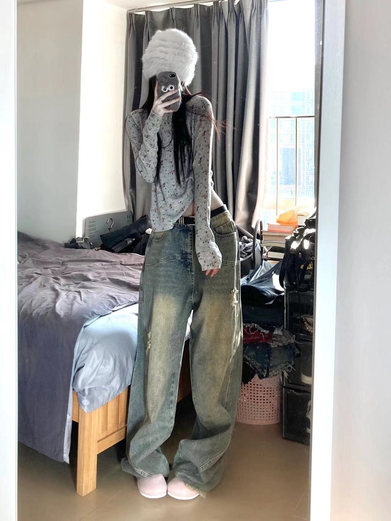 美式水洗做旧毛边牛仔裤女春秋高街直筒宽松显瘦阔腿垂感拖地裤潮 - 图0