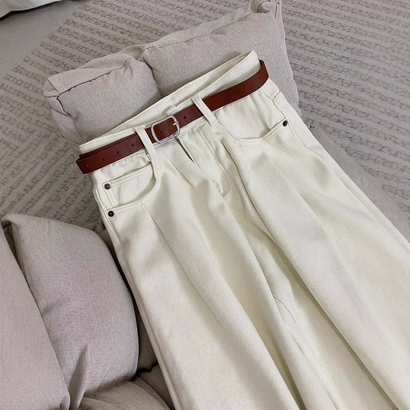 米杏色加绒宽松直筒牛仔裤女秋冬新款高腰显瘦设计感褶皱阔腿裤子,淘宝优惠券,粉丝福利购,淘宝优惠卷