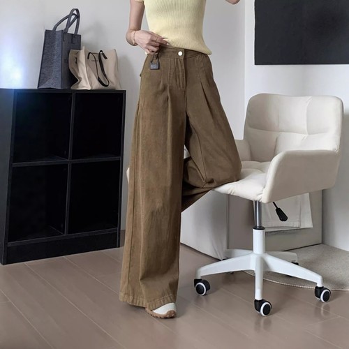 美式复古褶皱黄金叶阔腿牛仔裤女秋冬新款高腰宽松显瘦拖地长裤子 - 图2