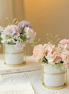 永生花铁艺陶瓷花盆金色蝴蝶结花架插花瓶DIY仿真手提陶瓷花器