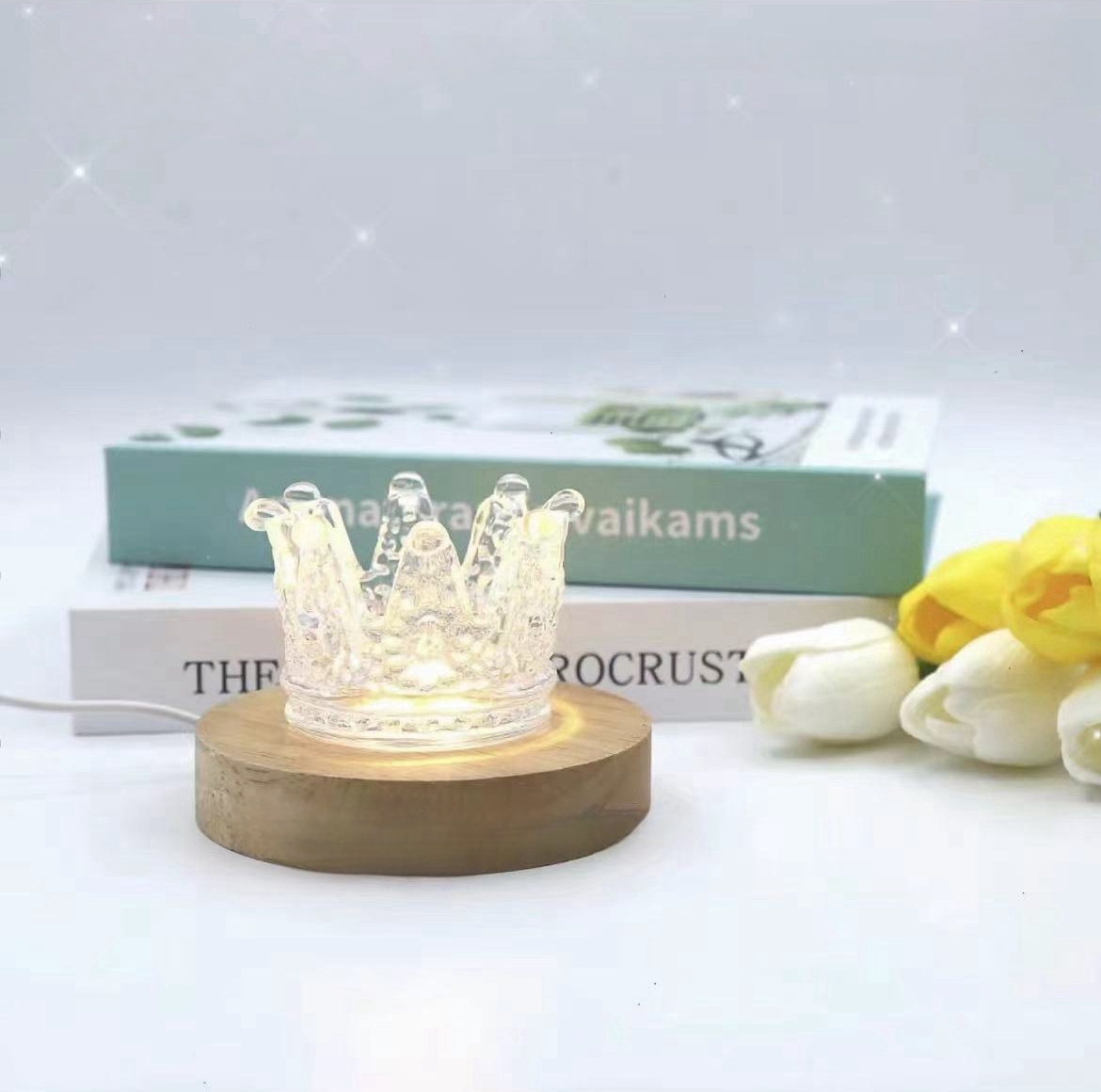 圆形实木LED发光水晶球底座DIY酒杯木质小夜灯UBS插电灯座摆件 - 图2