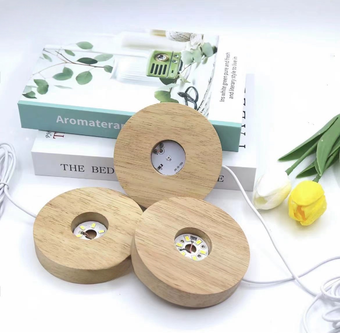 圆形实木LED发光水晶球底座DIY酒杯木质小夜灯UBS插电灯座摆件 - 图0