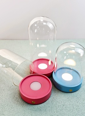 永生花USB充电发光灯座蓝色粉色小夜灯玻璃罩手办积木防潮展示罩