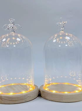 永生花顶部装饰头爱心皇冠防尘玻璃罩原木底座花房黏土手办小摆件