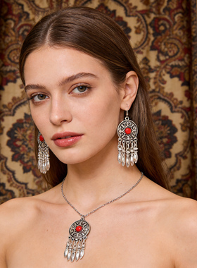 民族风银色流苏耳环项链套装女