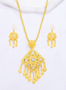 傣族复古宫廷风金色项链耳环套装