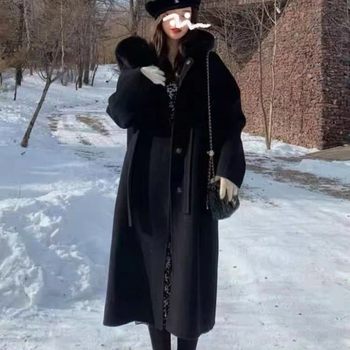 Little Witch Fox Fur Collar Double-sided Cashmere Coat Woolen Woolen Coat Mid-Length Autumn and Winter Cape Style