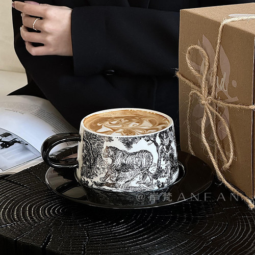 岸梵 法式高颜值虎跃龙骧咖啡杯碟套装创意黑色陶瓷杯子下午茶杯 - 图3