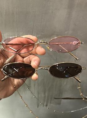 国潮椭圆扁框ins潮流网红眼镜女红色带链条墨镜女小脸百搭太阳镜