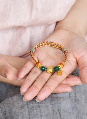 藏式手工编制五佛手绳小众彩色红色情侣男女财神度母手链手绳饰品