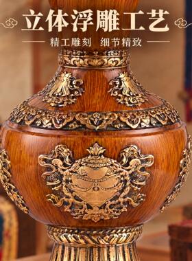 藏式仿木树脂八吉祥花瓶摆件摩尼宝双耳盘龙客厅装饰工艺品插花瓶