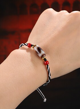 民族风原创设计虎牙天珠手绳搭配纯手工编制九眼金刚手绳手链手饰