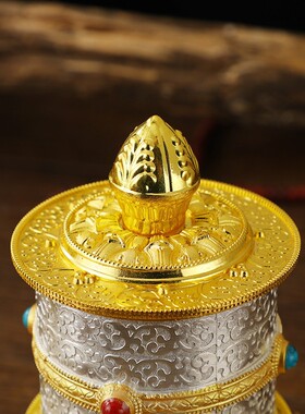 藏式密宗八吉祥合金六字真言手指捻转筒转轮观音镶嵌彩珠装饰摆件