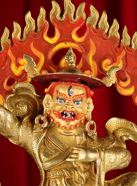 单坚护法佛像尼泊尔手工黄铜全鎏金彩绘宁玛骑狮丹坚护法供奉摆件