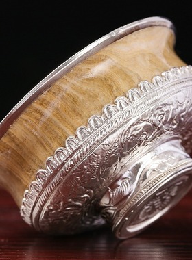 尼泊尔雕花纯银包大理石供水碗