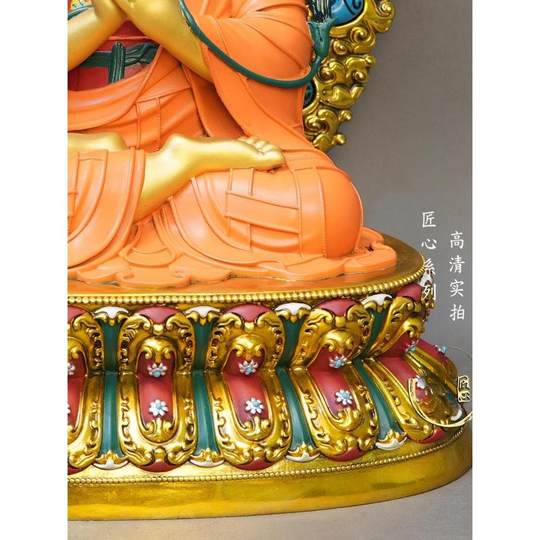 尼泊尔工艺彩绘热灼色宗喀巴大师带背光纯铜手工錾刻佛像铜雕摆件