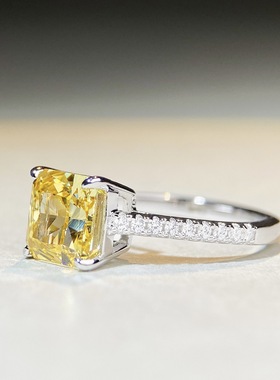 2克拉培育高碳钻戒S925纯银彩宝戒指简约四爪艳彩黄戒子冰花切戒