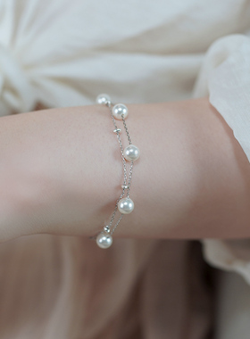 如帆小众通勤时尚珍珠碎银子双层手链925纯银高级感简约手串50679