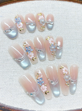 【清花瓷】手绘掐丝珐琅猫眼纯手工穿戴甲轻奢高级工艺显白美甲贴