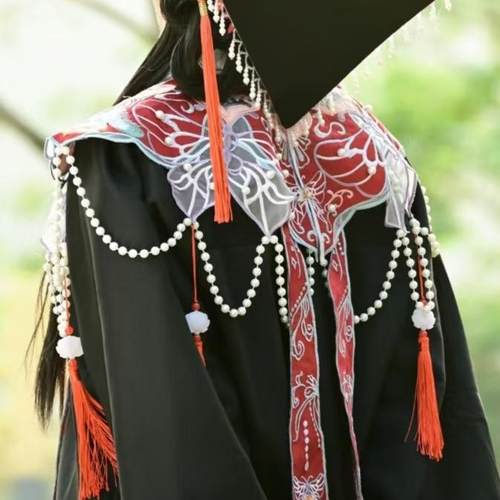 毕业硕学士服云肩新中式搭配衬衣簪花博士帽珍珠流苏刺绣领花披肩 - 图2