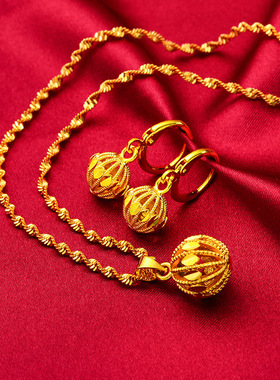 礼物礼品首饰礼物女士套装 黄铜镀礼物灯笼项链耳环 镂空圆球耳坠