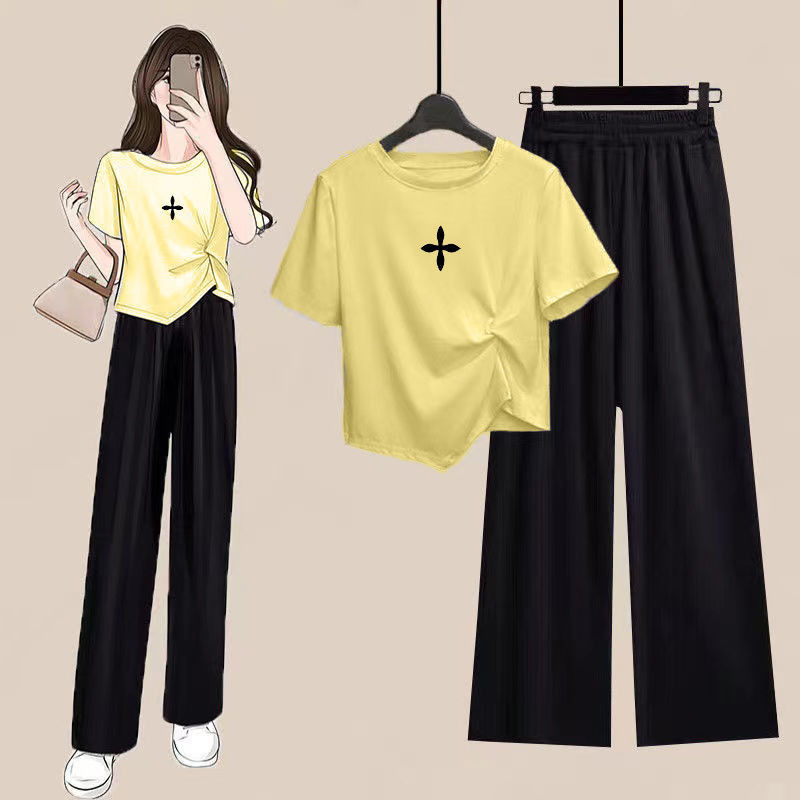 套装女夏款2025年新款不规则短袖夏季宽松九分阔腿裤休闲两件套潮,淘宝优惠券,粉丝福利购,淘宝优惠卷