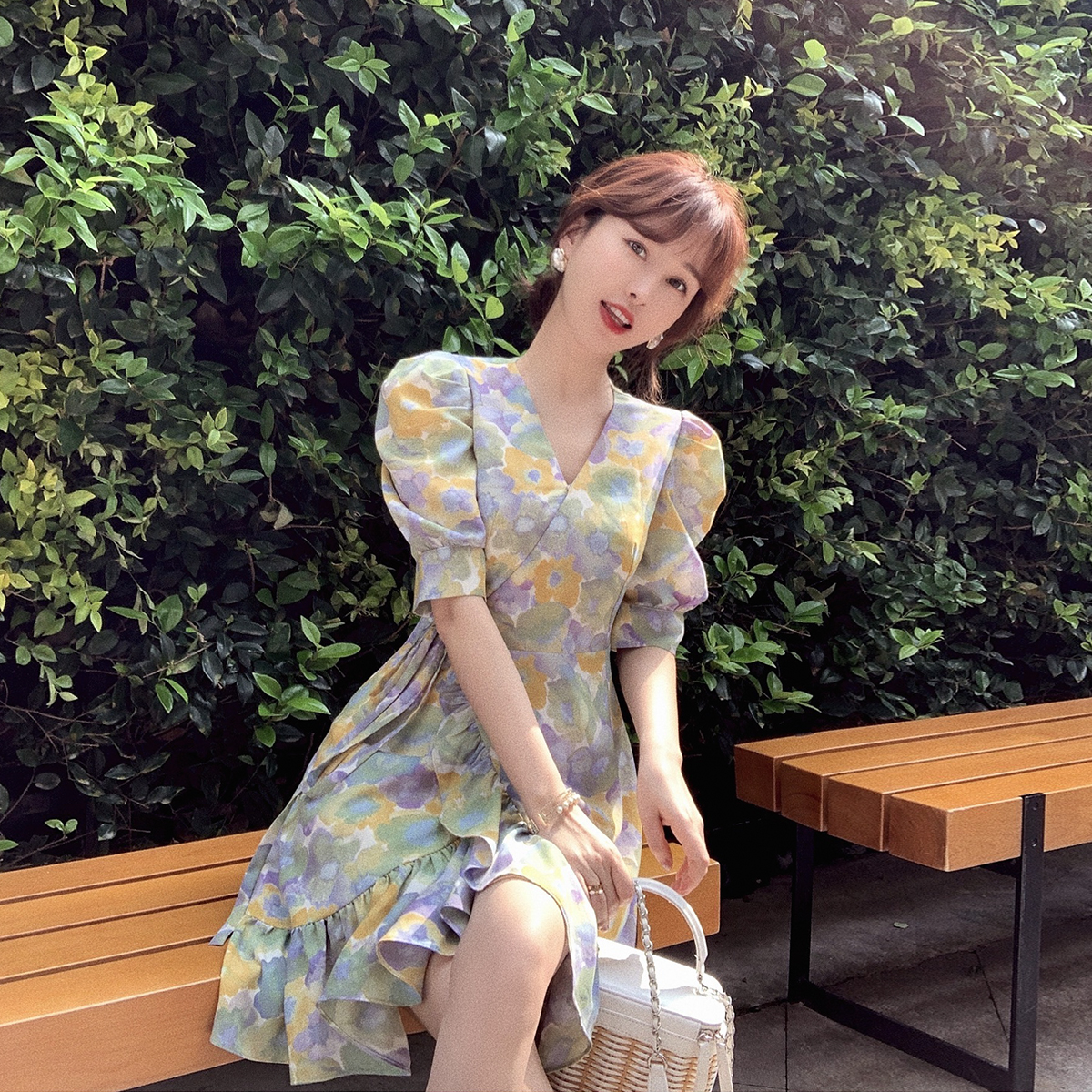 紫色v领碎花雪纺2020新款夏季法式 MIMIUS ULULU连衣裙