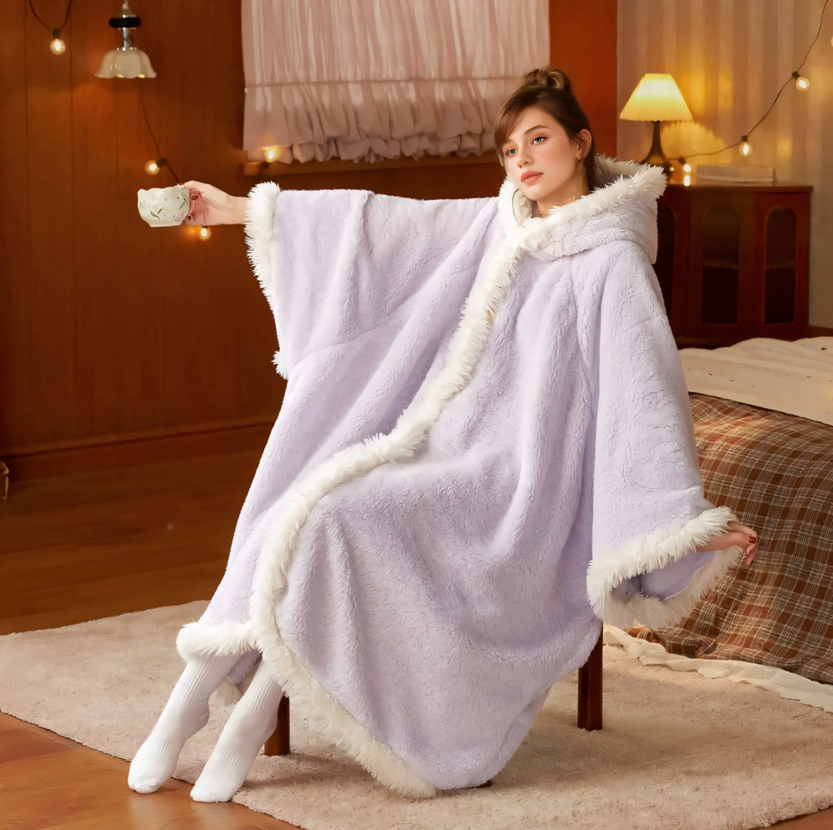 可爱舒棉绒斗篷睡衣女冬加绒加厚连帽睡袍新款秋冬家居卡通懒人袍 - 图0