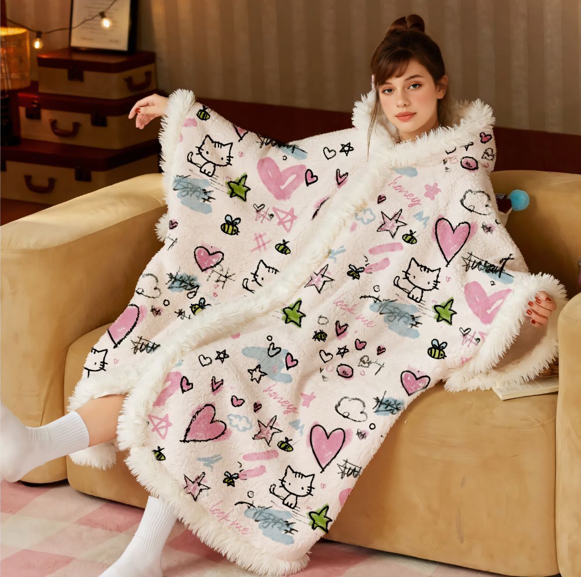 可爱舒棉绒斗篷睡衣女冬加绒加厚连帽睡袍新款秋冬家居卡通懒人袍 - 图2