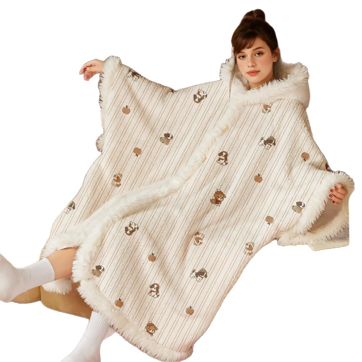 可爱舒棉绒斗篷睡衣女冬加绒加厚连帽睡袍新款秋冬家居卡通懒人袍 - 图3