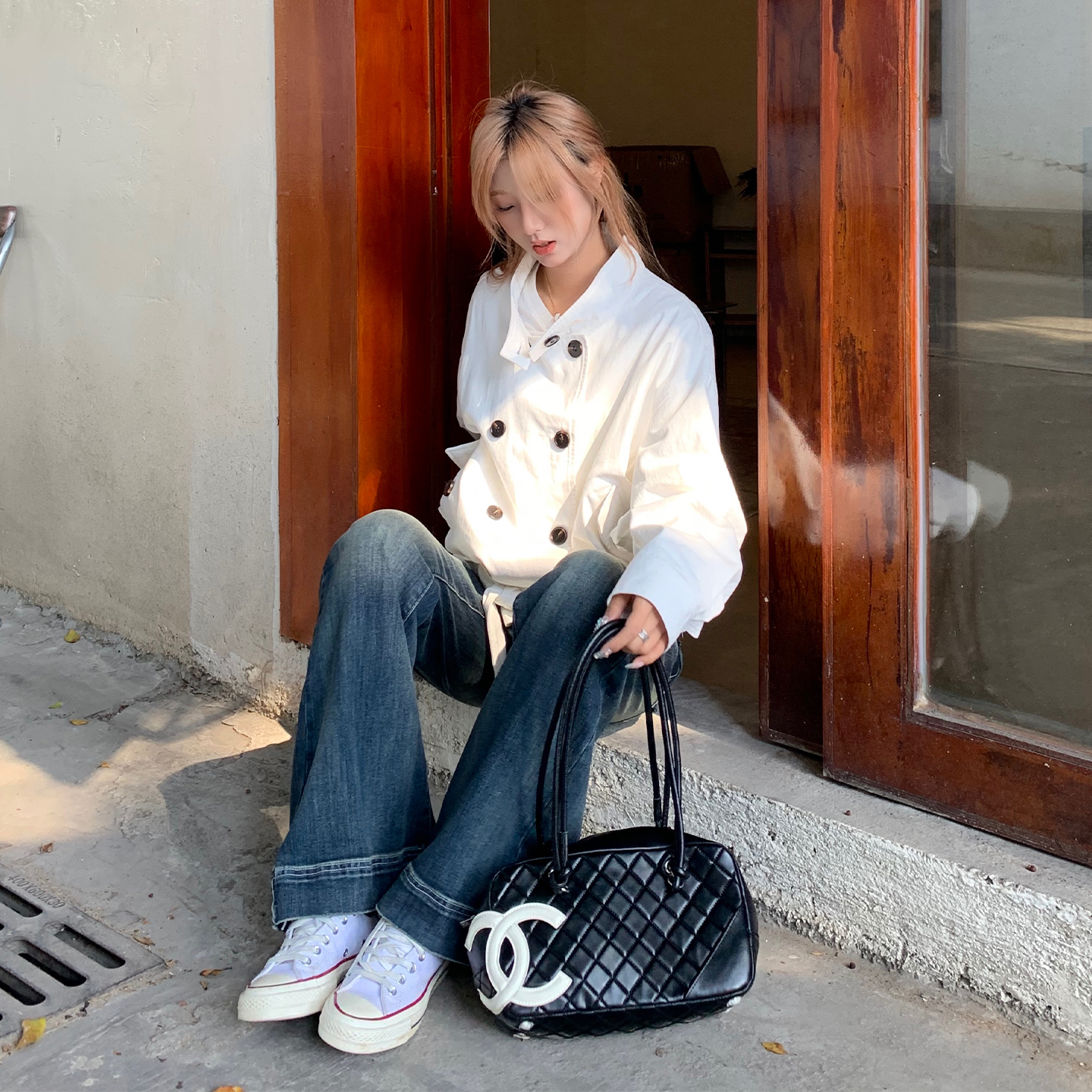 【限时价】饭饭又饿了韩系双排扣立领风衣外套女秋季气质绑带上衣 - 图1