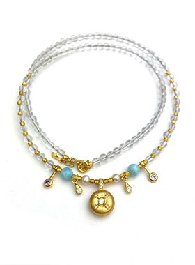 安伯曼925银拉丝圆饼海纹石微笑白水晶项链3-4mm