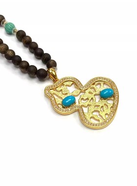 安伯曼18K金葫芦美松蛋面绿松沉香奇楠毛衣链项链32*24mm
